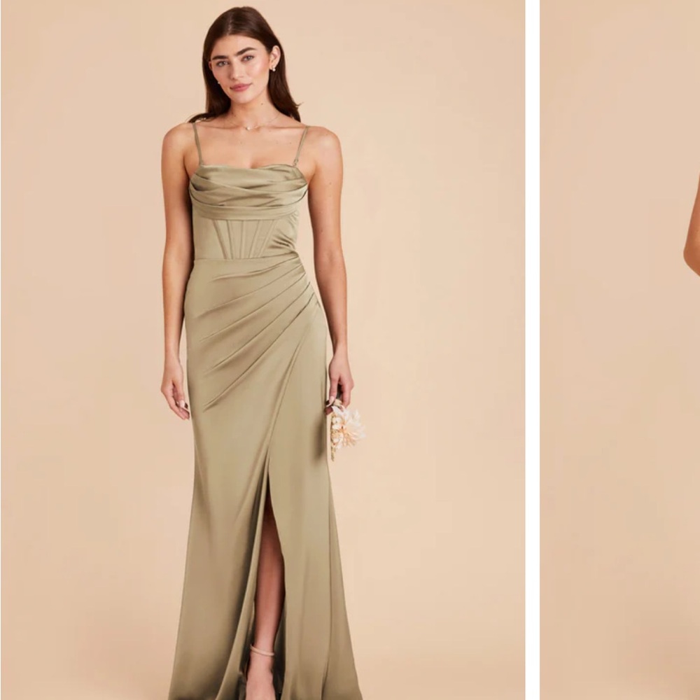 Birdy Grey Olive Green Spaghetti-Strap Ruched Gown